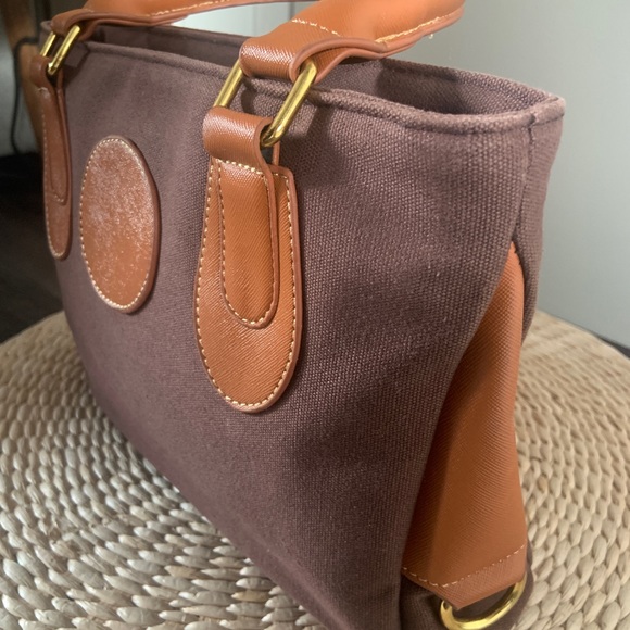 Brown canvas and camel vegan leather small tote bag - Picture 2 of 8